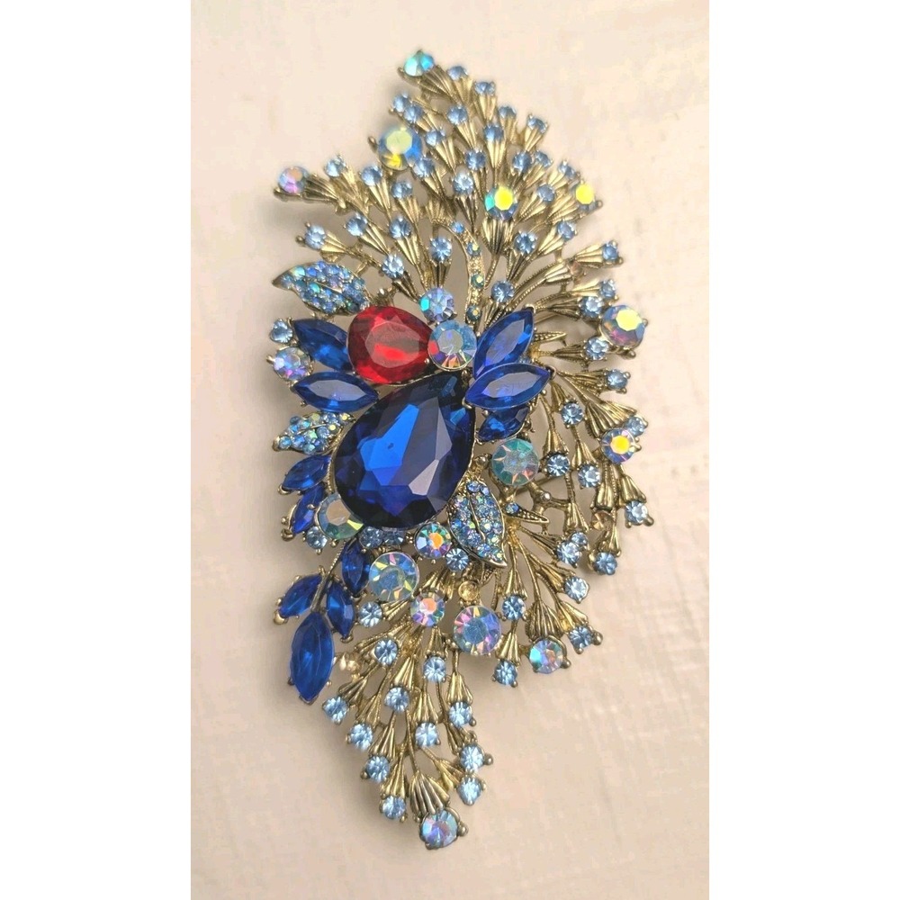 Large Peacock Brooch Pin Blue Red AB Rhinestones Gold Tone Statement 6"